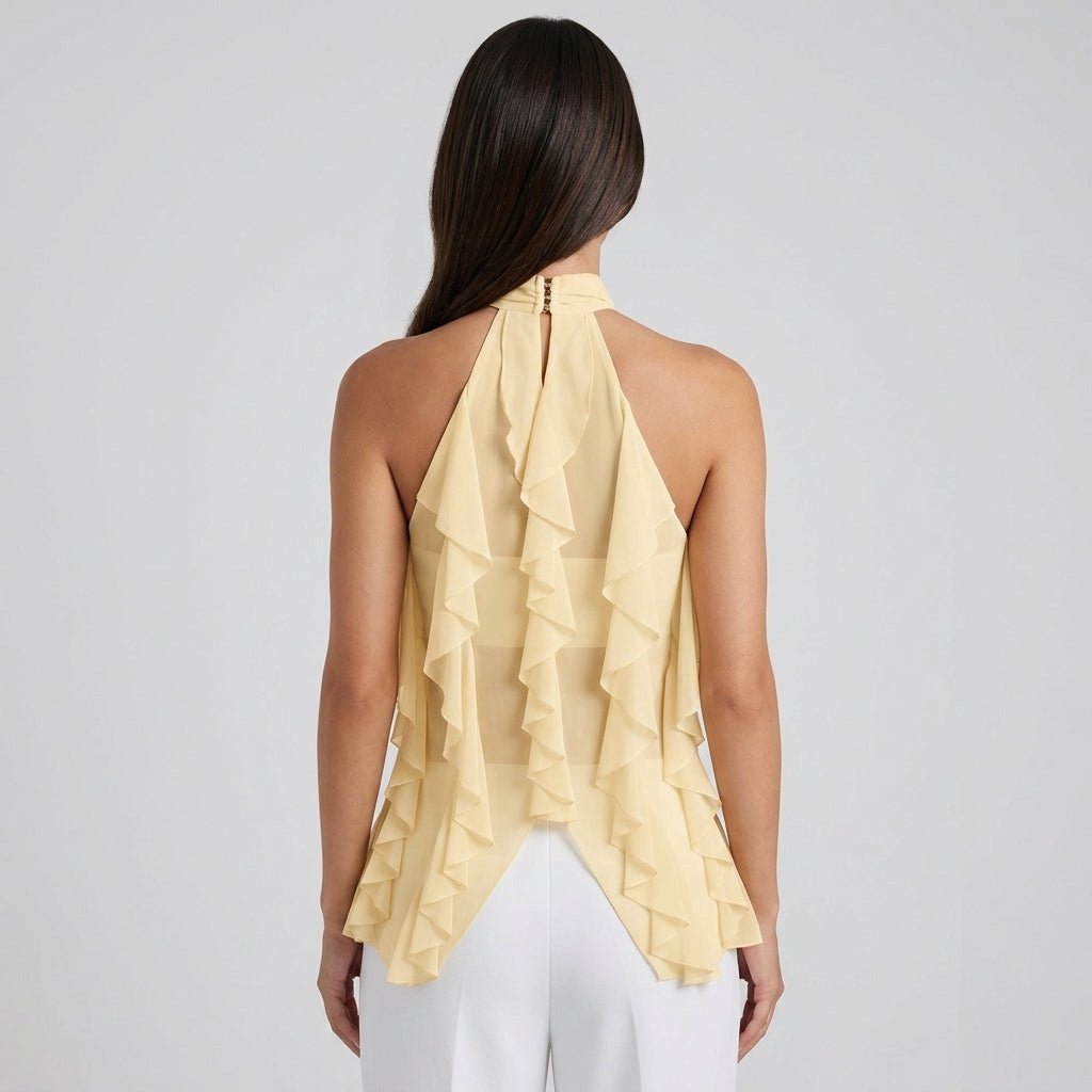 Chic formal women's top: elegant ruffle halter blouse with a sleek sleeveless design.