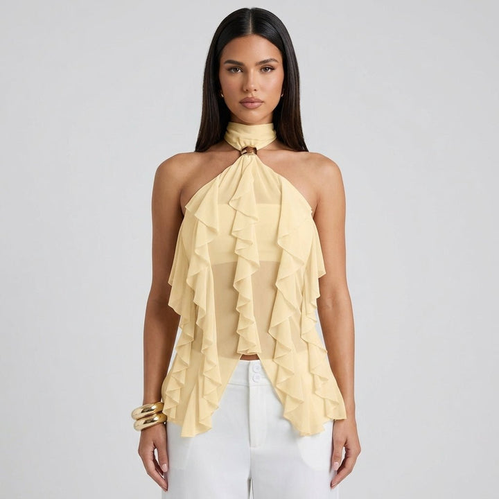 Women's elegant sleeveless blouse, featuring a stylish ruffle halter neck, perfect for parties.
