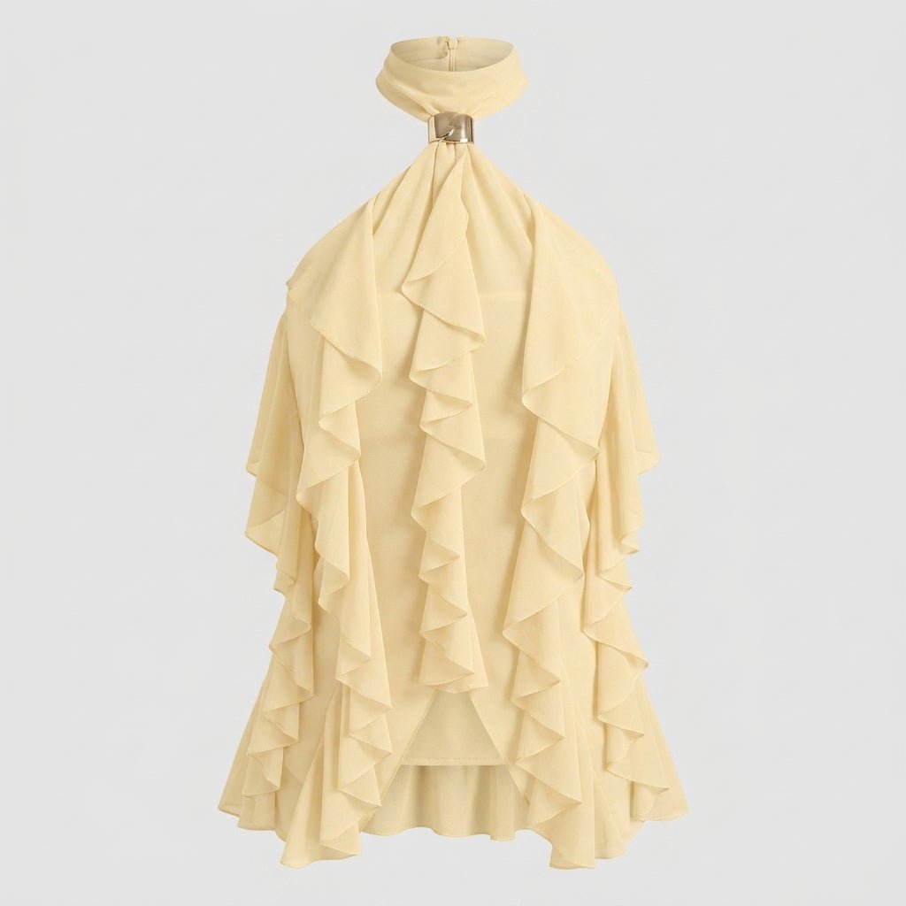 Formal women's ruffle halter top, a sophisticated sleeveless blouse for an elegant evening.