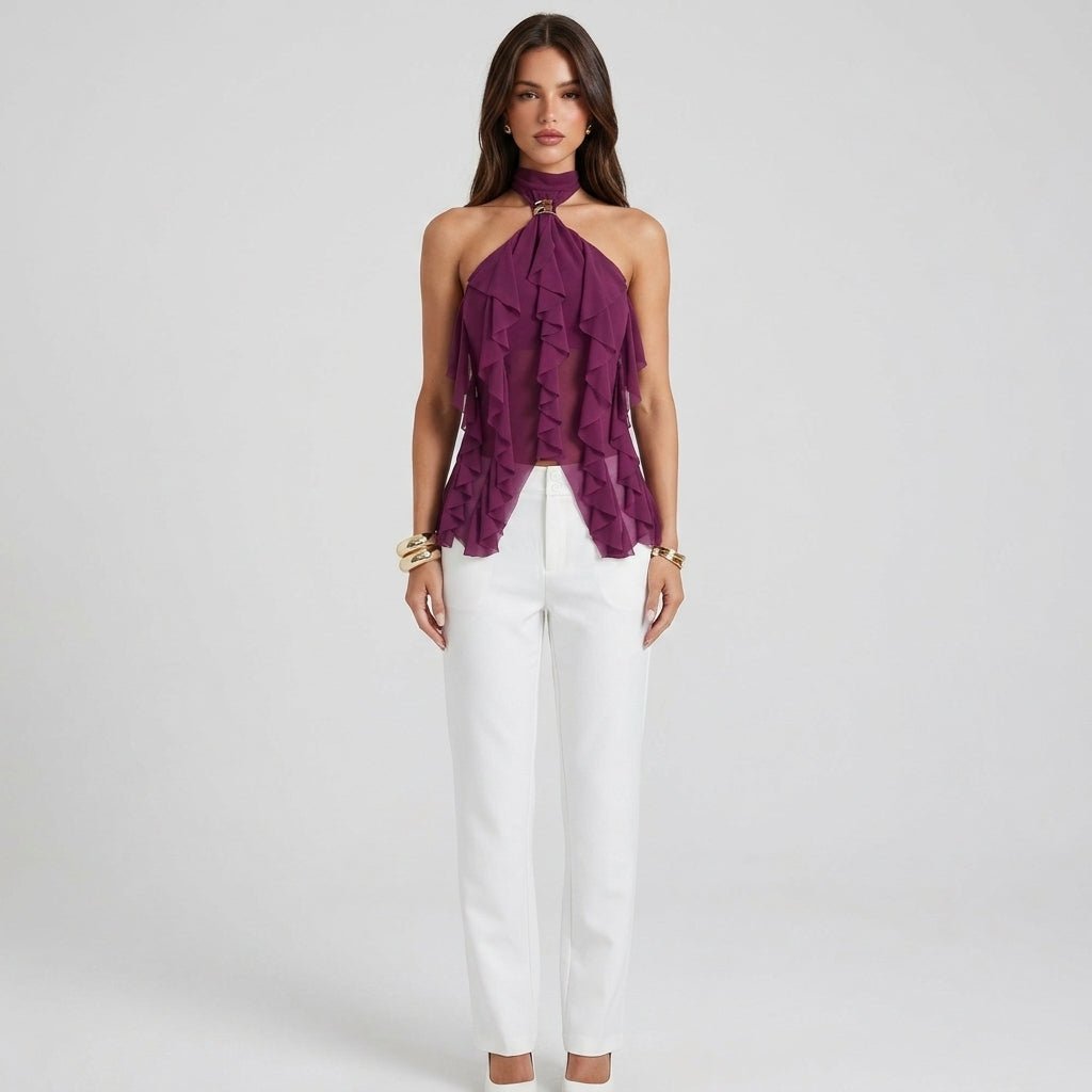 Sophisticated women's formal halter top, elegant ruffle detail, great for parties.