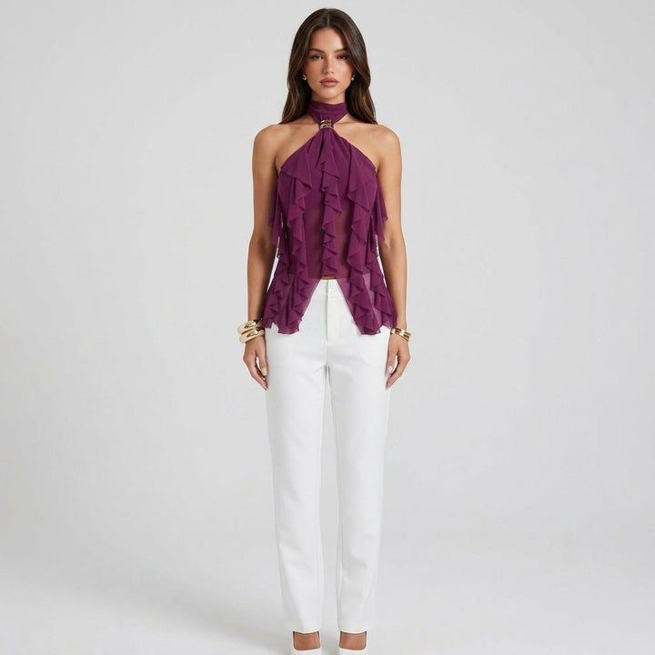 Sophisticated women's formal halter top, elegant ruffle detail, great for parties.