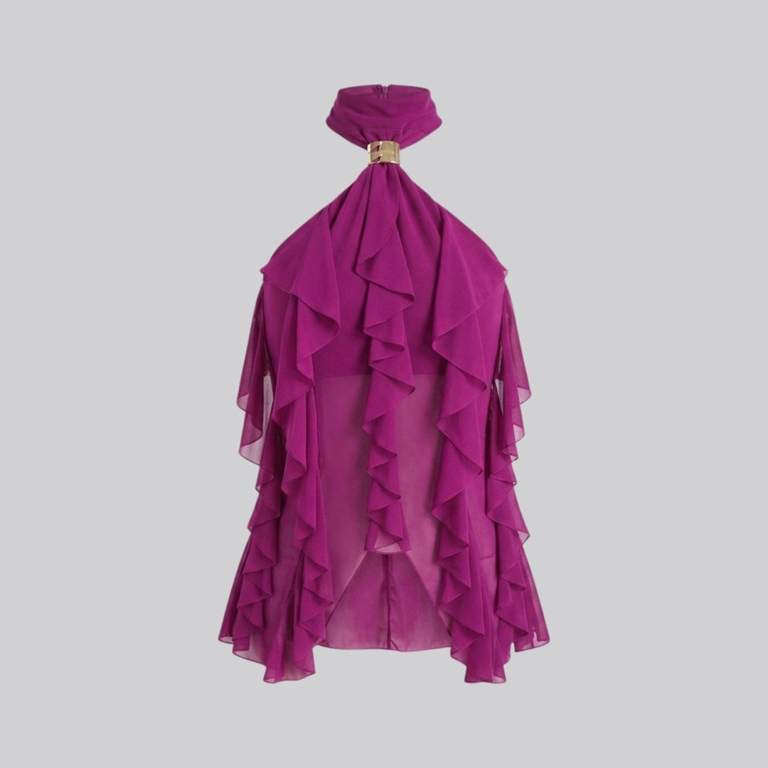 Women's elegant party blouse: chic sleeveless halter top with stylish ruffles.