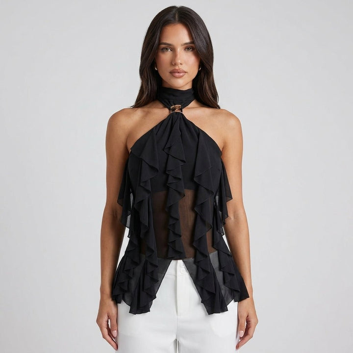 Sleeveless women's elegant blouse, featuring a ruffle halter design, perfect for formal outings.