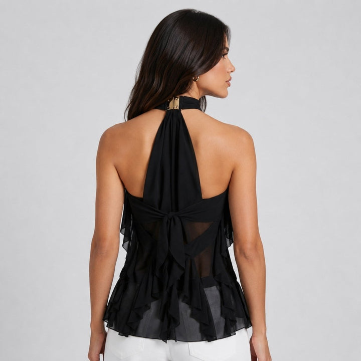 Stylish women's halter top with ruffles, a sophisticated sleeveless blouse for evening.