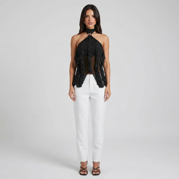 Women's chic formal blouse: elegant ruffle halter neck and sleeveless design.