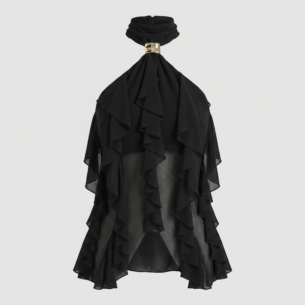 Perfect party top: women's elegant sleeveless ruffle halter blouse for a sophisticated look.