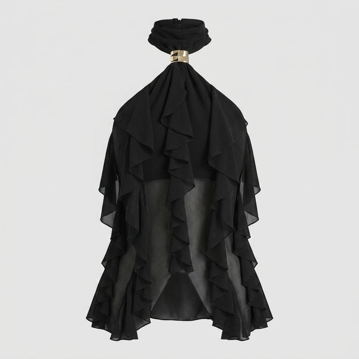 Perfect party top: women's elegant sleeveless ruffle halter blouse for a sophisticated look.