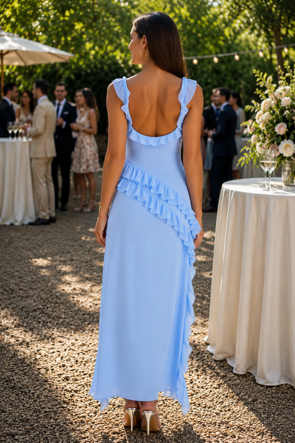 Beautiful flowing women's maxi dress featuring ruffles, an elegant choice for spring, summer, and formal events.