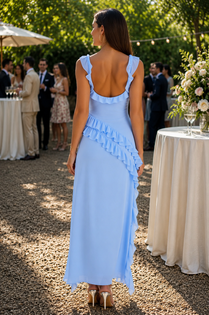 Beautiful flowing women's maxi dress featuring ruffles, an elegant choice for spring, summer, and formal events.
