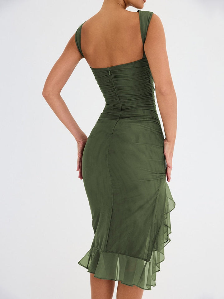 Women's elegant midi dress with ruffles. Flattering design for effortless summer style & party events.