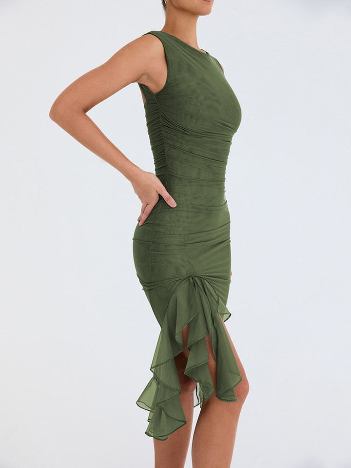 Ruffle midi party dress for women. Elegant and chic for summer events, versatile & flattering silhouette.