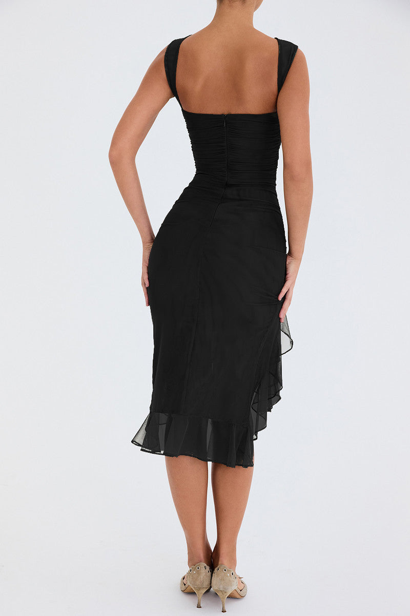 Comfortable & chic women's ruffle midi dress. Elegant for parties & summer events. Flattering versatile style.