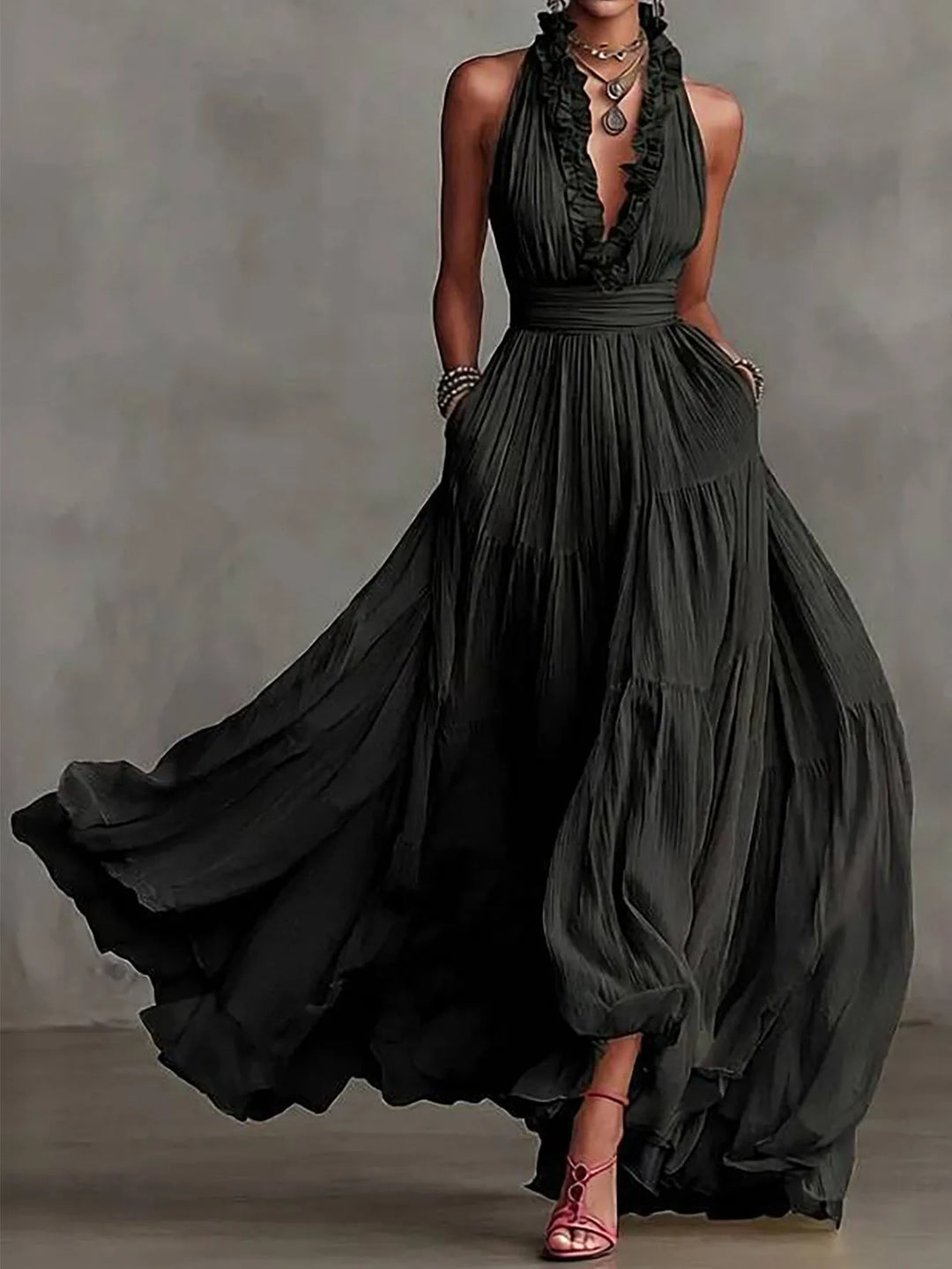 Stunning backless evening maxi dress for women featuring delicate ruffle trim and a flowing pleated skirt.