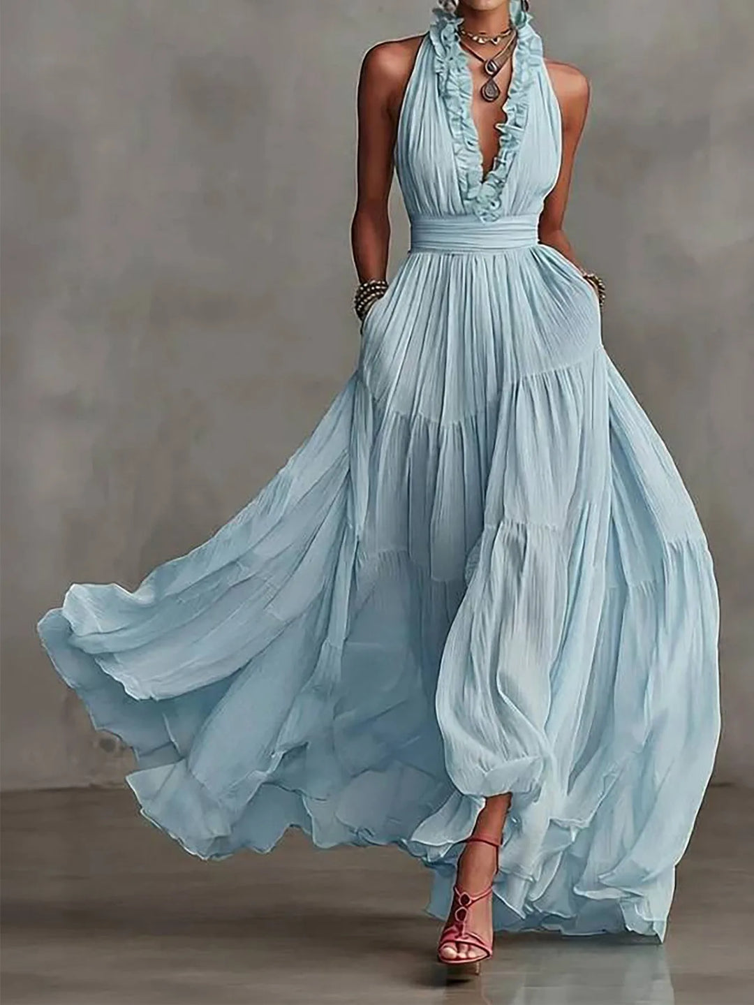 Chic women's backless maxi dress with ruffle trim & pleated skirt. Perfect elegant formal or party wear.