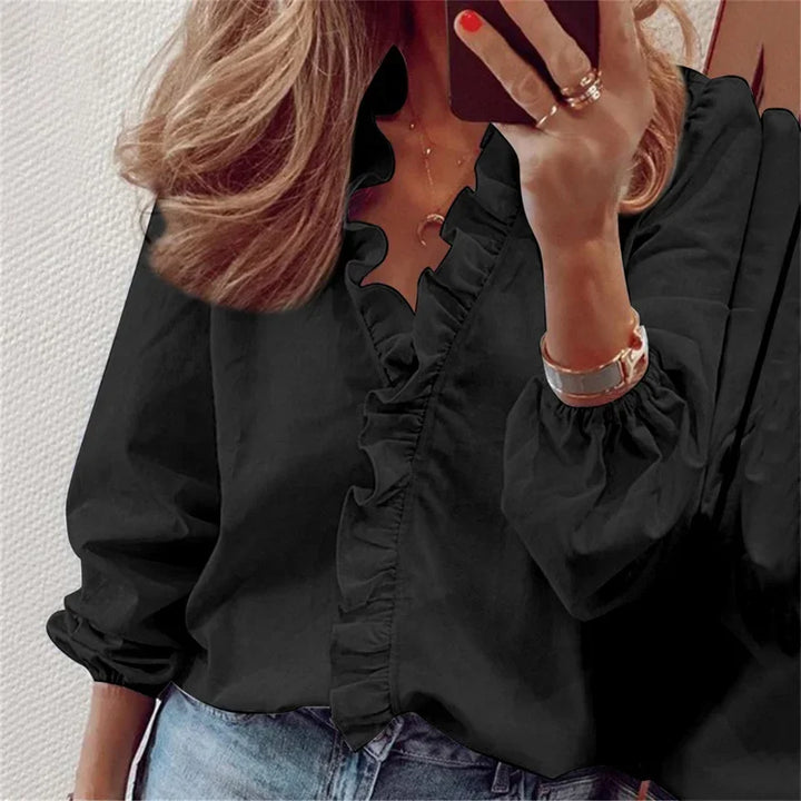 Versatile women's ruffle V-neck long sleeve top, ideal for creating elegant office or casual outfits.