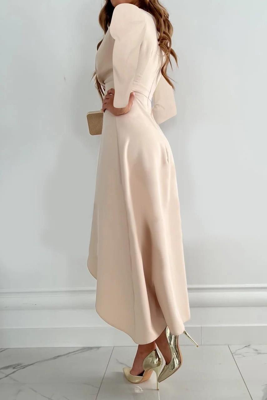 Chic women's wrap midi dress with delicate ruffles. Ideal formal wear for special occasions, evening events, wedding guests.