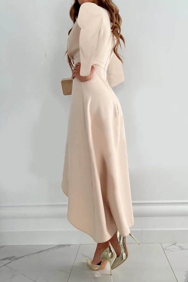 Chic women's wrap midi dress with delicate ruffles. Ideal formal wear for special occasions, evening events, wedding guests.