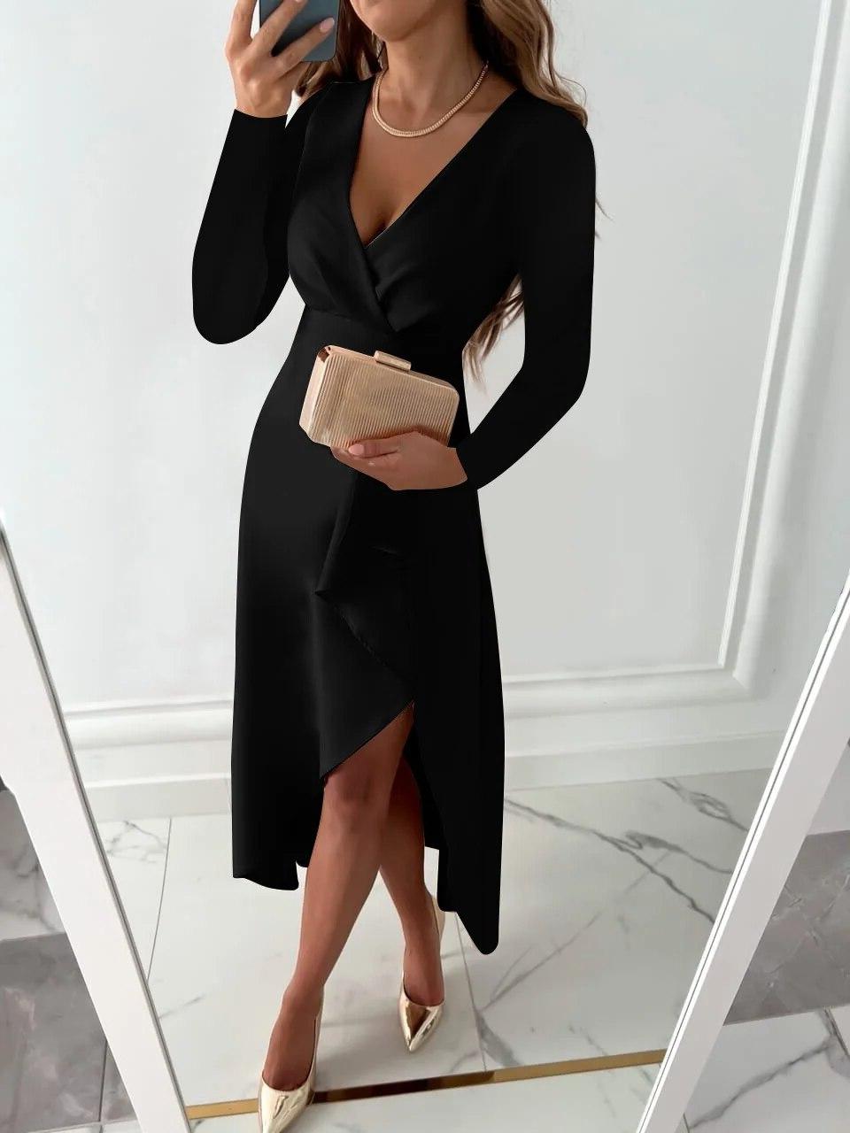 Sophisticated Women's Ruffle Wrap Midi Dress for formal attire. Elegant midi-length wrap dress with ruffle detailing.