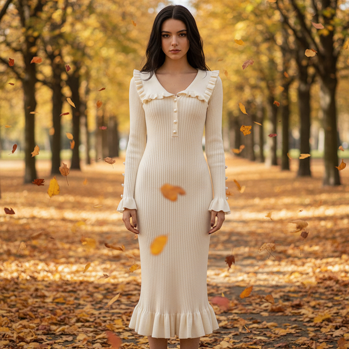 Elegant women's ruffled high-waist knit maxi dress in solid color, perfect for autumn/winter fashion.
