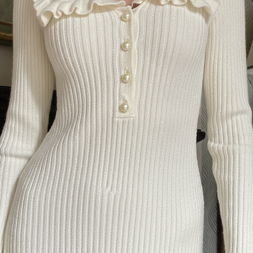 Full-length view of the Ursula ruffled high-waist knit maxi dress, showcasing its elegant silhouette for women.