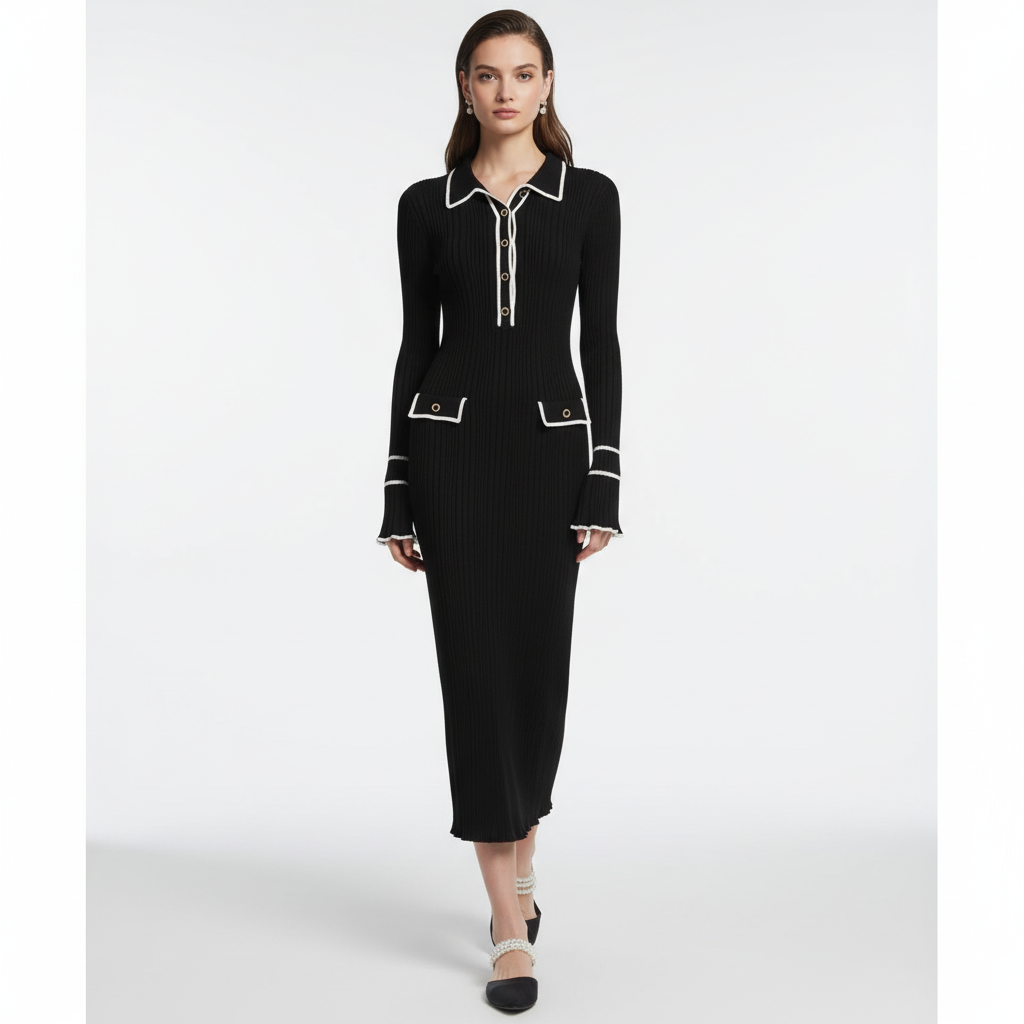 Stylish women's knit maxi dress with a ruffled high waist, ideal for cooler weather and versatile styling.