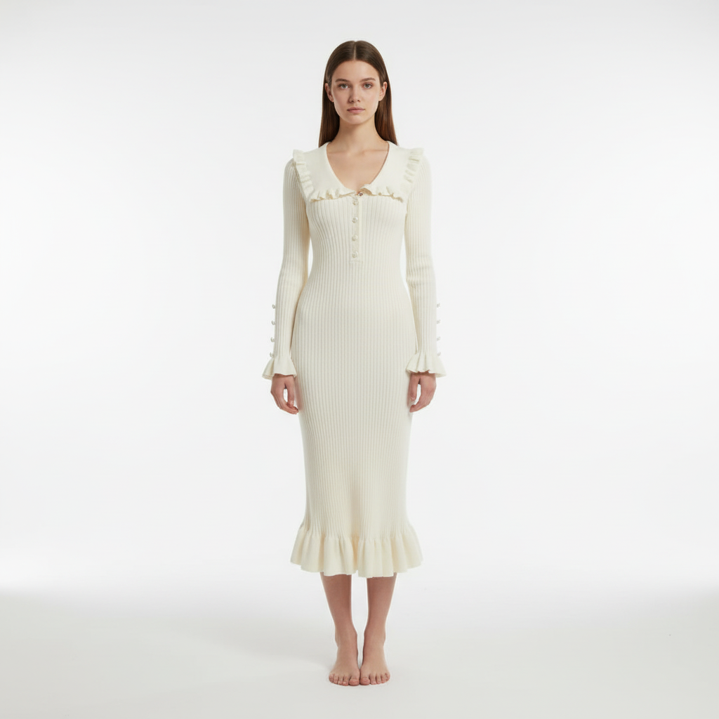 Textured knit maxi dress for women, with elegant ruffles and a high-waist design, a must-have autumn/winter piece.