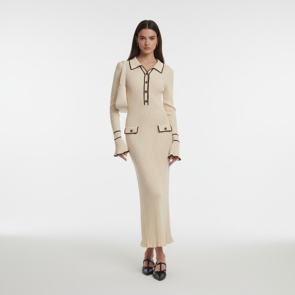 Versatile women's ruffled knit maxi dress, designed with a high waist for an elegant and comfortable fit.