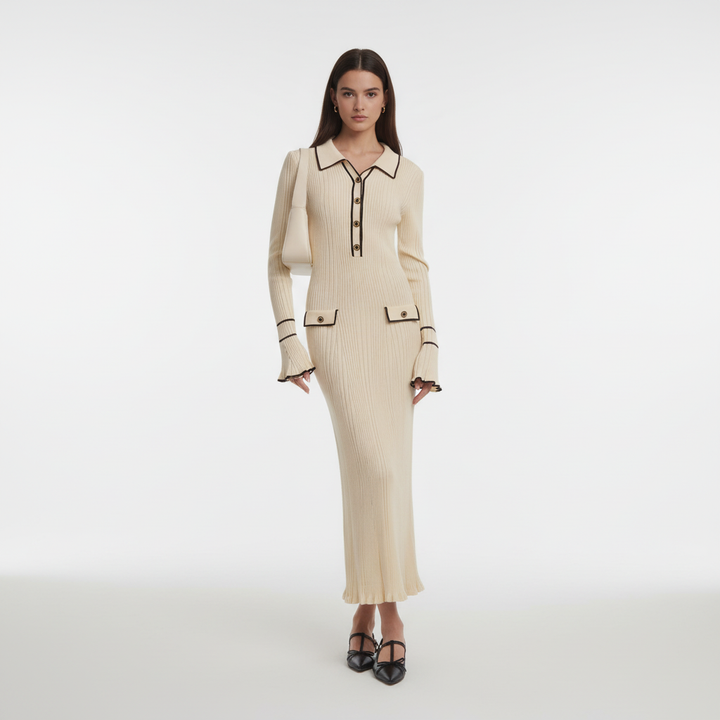 Versatile women's ruffled knit maxi dress, designed with a high waist for an elegant and comfortable fit.