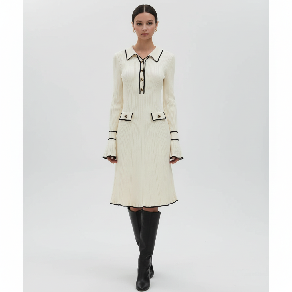 Autumn/winter elegant women's maxi dress in knit fabric, adorned with beautiful ruffles and a high-waist cut.