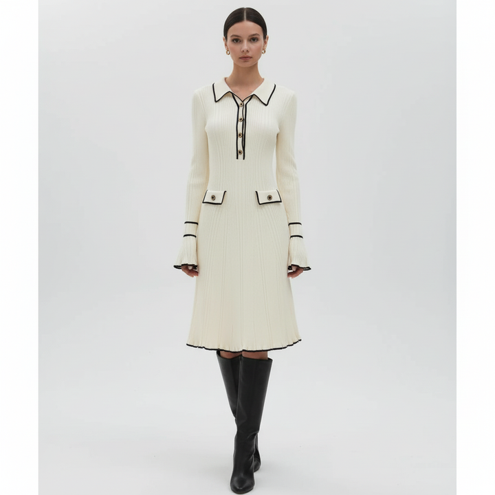 Autumn/winter elegant women's maxi dress in knit fabric, adorned with beautiful ruffles and a high-waist cut.