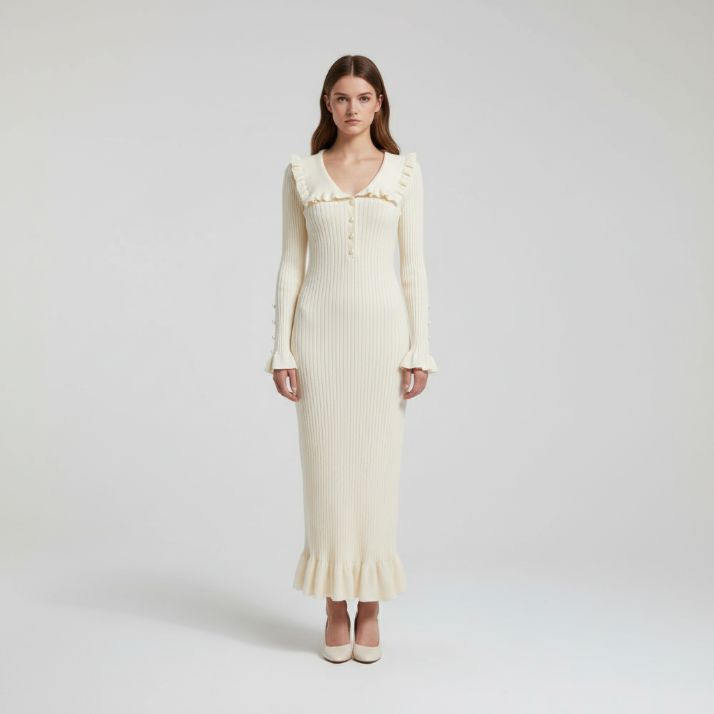 Close-up of the knit texture and ruffled detail on the high-waist women's Ursula maxi dress, perfect for fall.