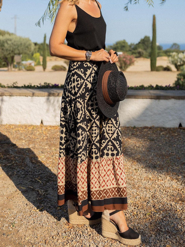 Versatile green ruffled maxi skirt, offering an elegant and flowy style for women's summer fashion.