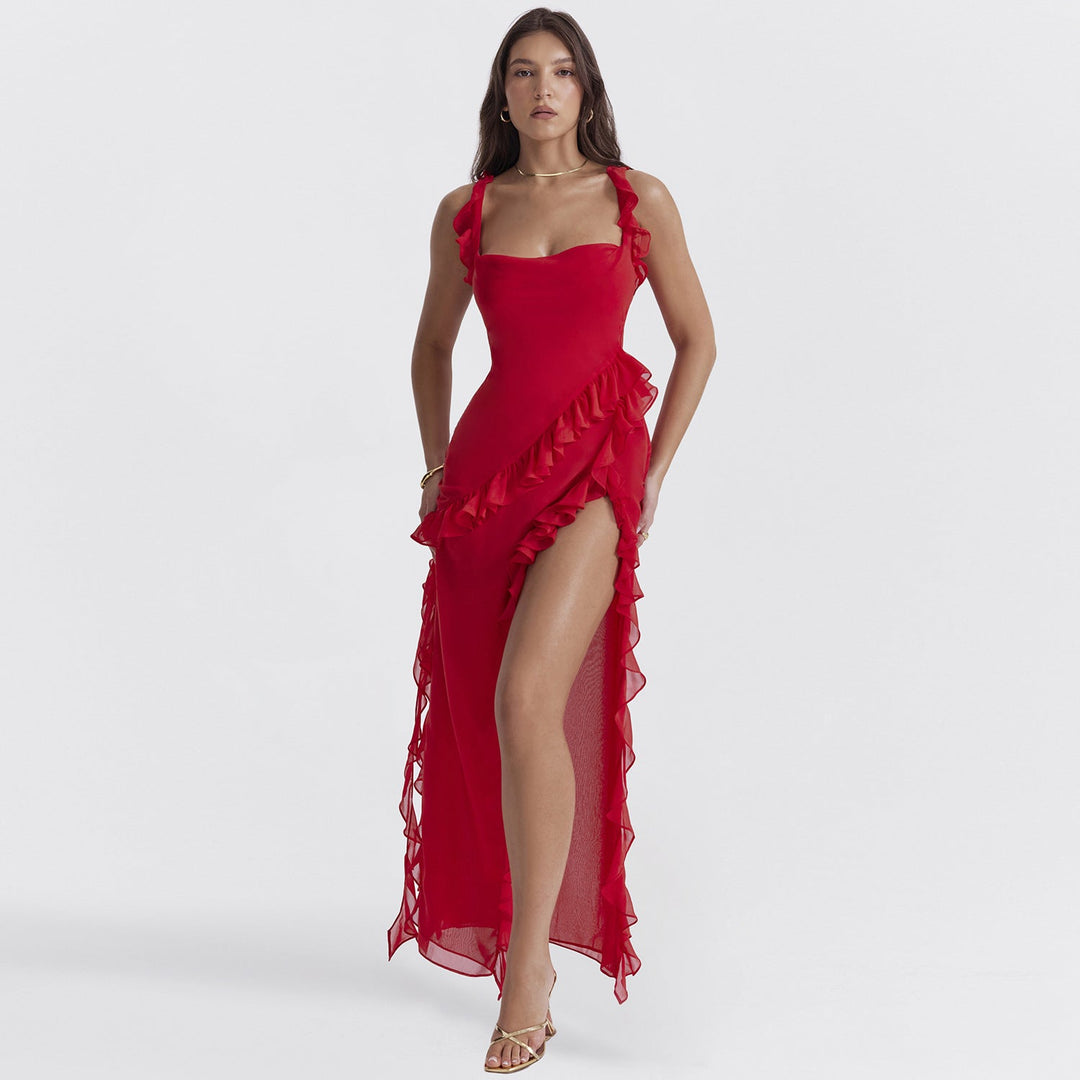 Elegant women's ruffled maxi dress for summer. Flowy design with a square neckline, perfect for beach or vacation.