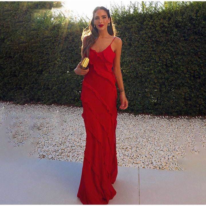 Elegant women's ruffled maxi dress, perfect for special occasions like weddings, parties, or evening events.
