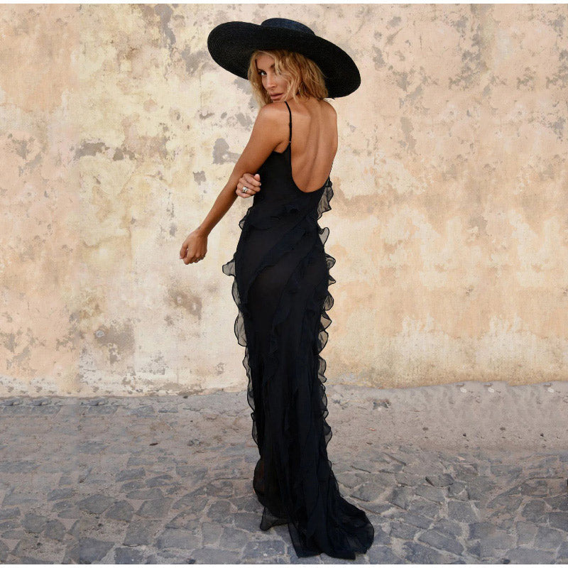 Graceful women's elegant ruffled maxi dress, a perfect choice for formal events and special occasions.