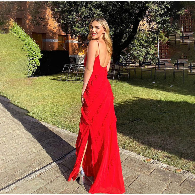 Long, elegant ruffled dress for women, a comfortable yet stylish option for formal events and special occasions.