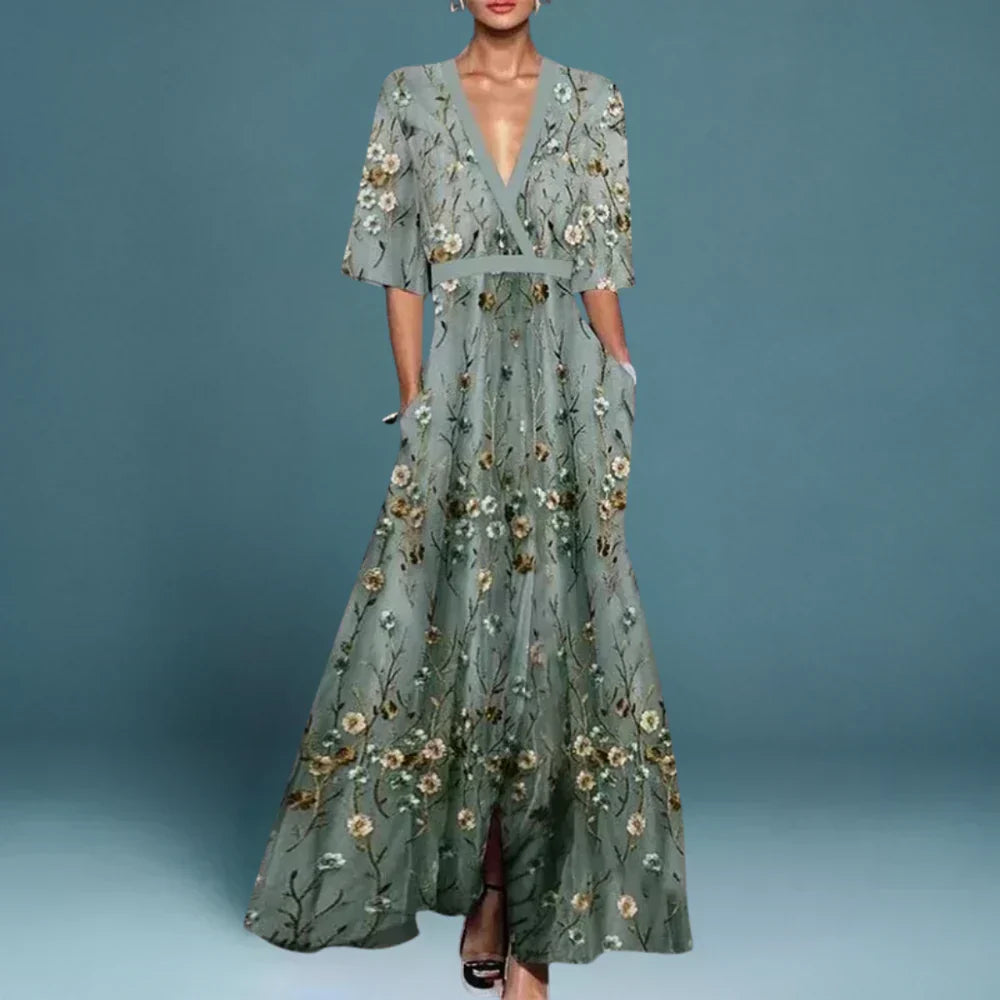 Elegant women's sage green floral V-neck maxi dress, ideal for special occasions & wedding guests.