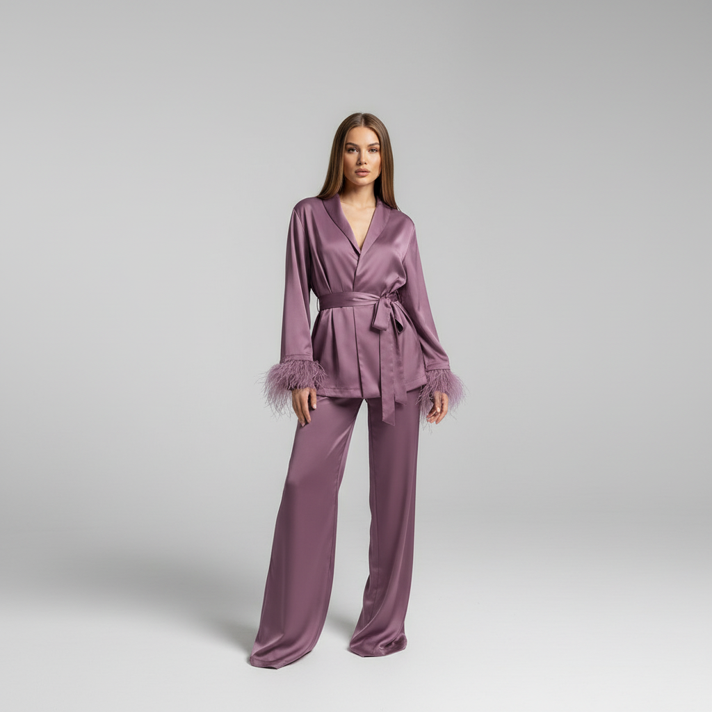 Complete women's elegant satin feather lounge set with an oversized fit, ideal for luxurious relaxation.