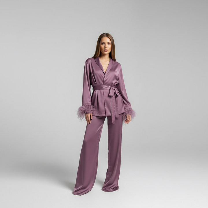 Complete women's elegant satin feather lounge set with an oversized fit, ideal for luxurious relaxation.