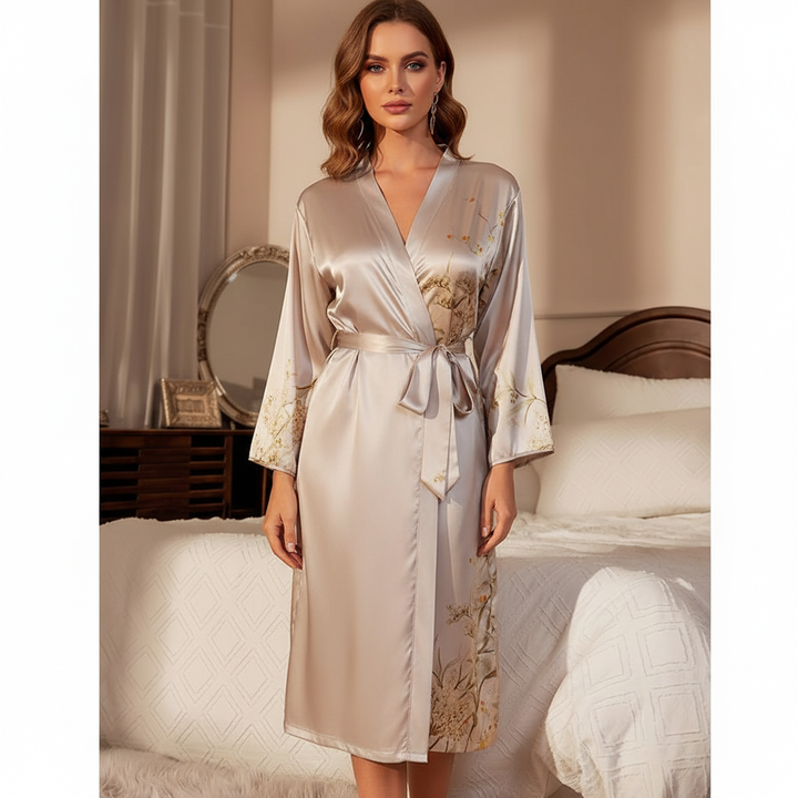 Elegant women's satin robe with stylish print, perfect for luxurious loungewear or sleepwear