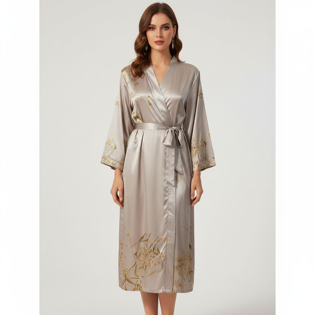 Women's 'Lara' satin bathrobe featuring an elegant print, ideal for comfortable nightwear