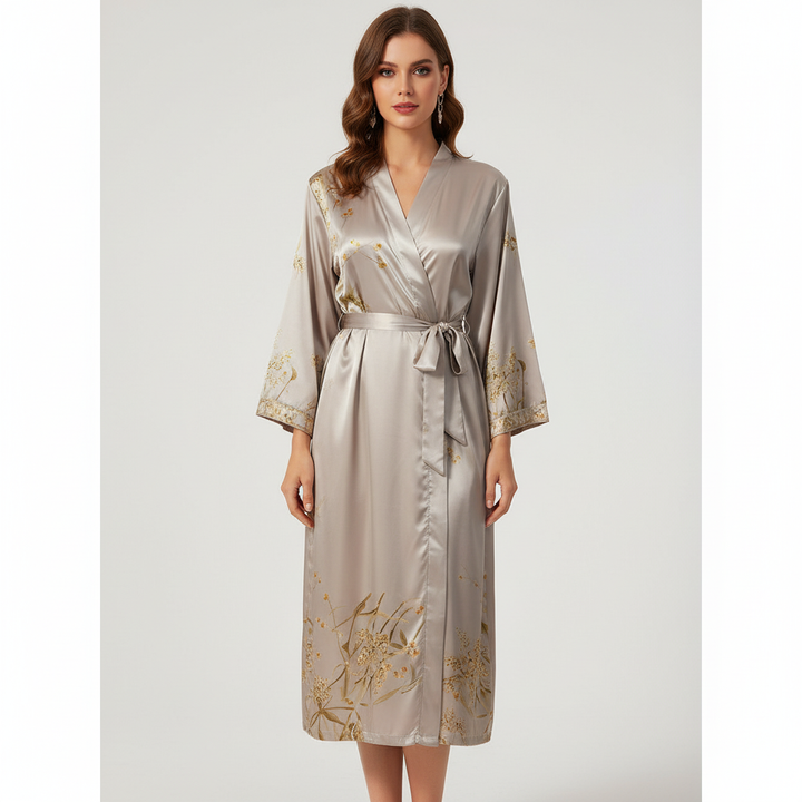 Women's 'Lara' satin bathrobe featuring an elegant print, ideal for comfortable nightwear