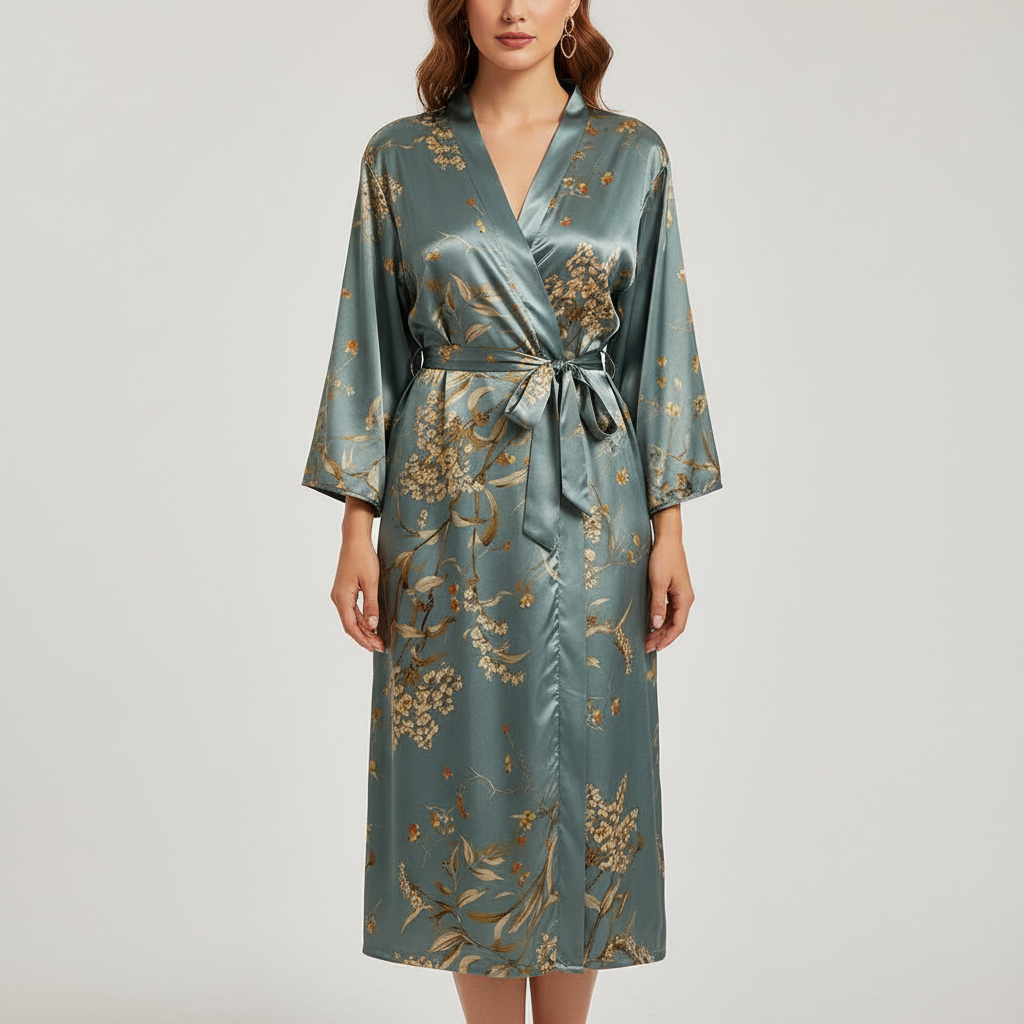 Luxurious women's loungewear: an elegant satin robe with a chic printed design