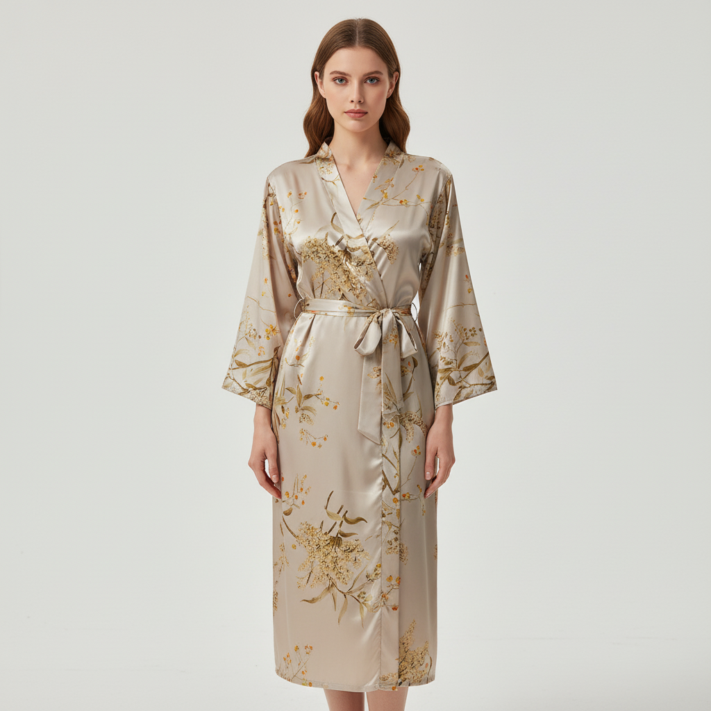 Comfortable sleepwear: women's printed satin bathrobe, model 'Lara', for elegant nights