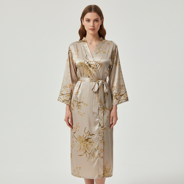 Comfortable sleepwear: women's printed satin bathrobe, model 'Lara', for elegant nights