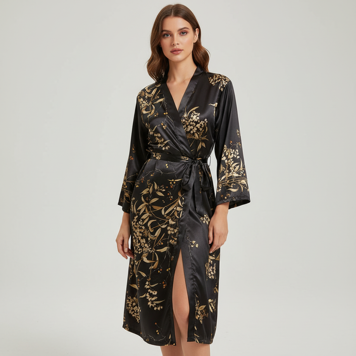 Satin bathrobe for women with elegant print, perfect for sophisticated nightwear