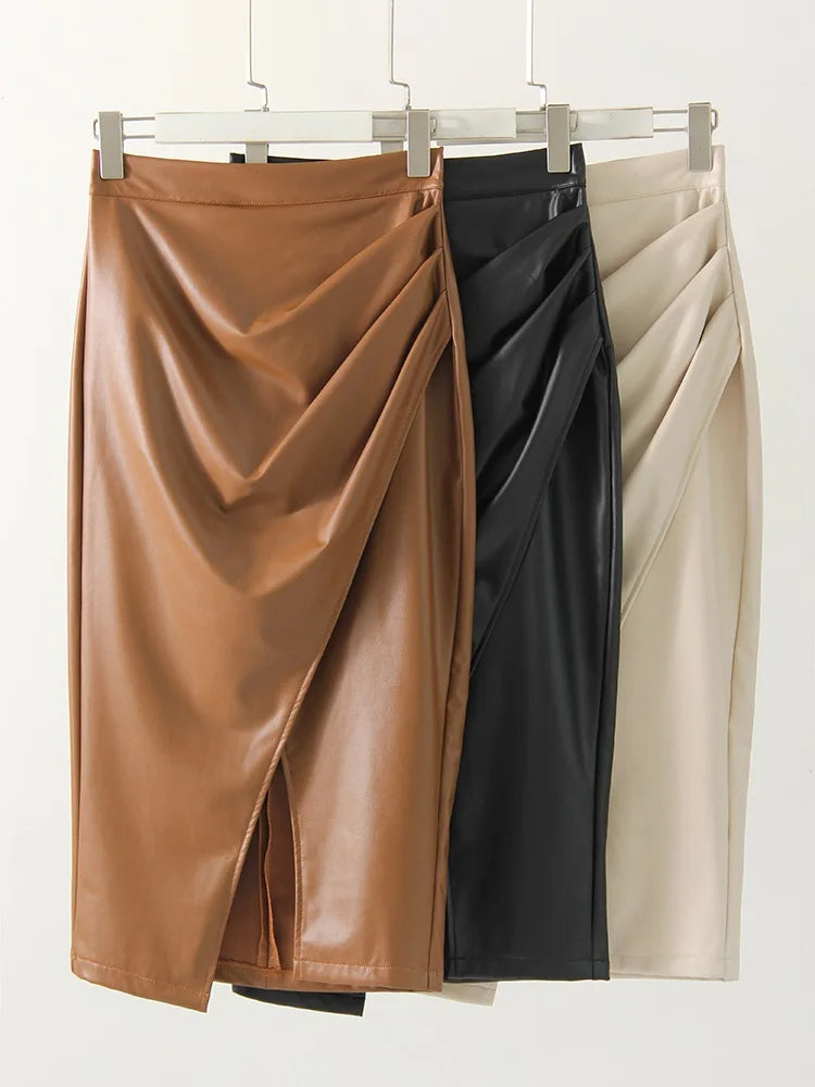 Stylish women's elegant sculpted wrap midi skirt with a front slit, ideal for sophisticated party or office wear.