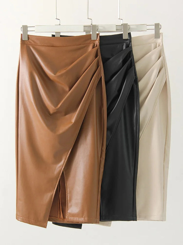 Stylish women's elegant sculpted wrap midi skirt with a front slit, ideal for sophisticated party or office wear.