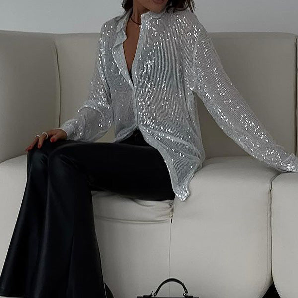 Chic loose-fit sequin blouse for women, ideal for holiday parties & evening events. Glamorous sparkle top.