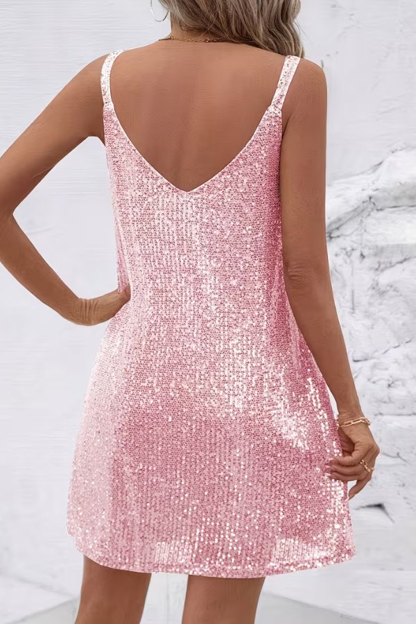 Glamorous women's sequin cocktail mini dress, a sleeveless design for formal party events.